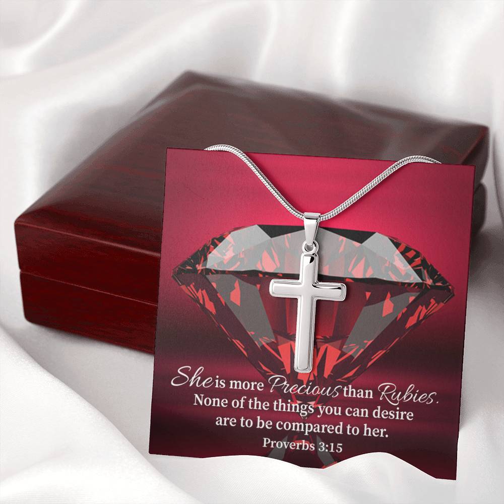 Scripture Card Better Than Rubies Proverbs 3:15 Cross Card Necklace w Stainless Steel Pendant Religious Gift-Express Your Love Gifts