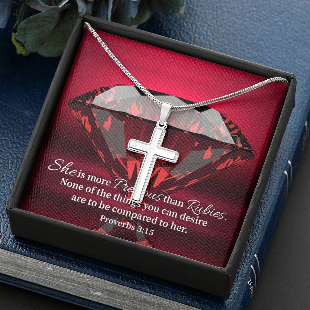 Scripture Card Better Than Rubies Proverbs 3:15 Cross Card Necklace w Stainless Steel Pendant Religious Gift-Express Your Love Gifts