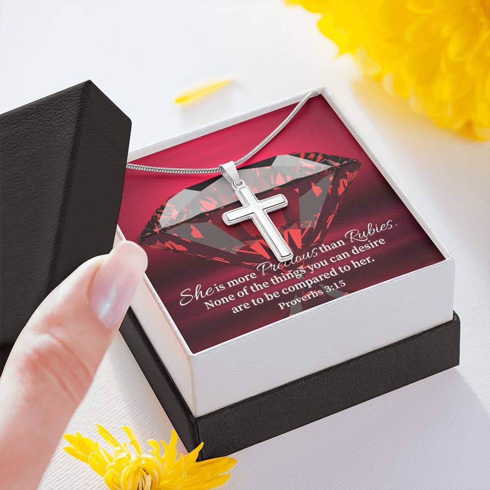 Scripture Card Better Than Rubies Proverbs 3:15 Cross Card Necklace w Stainless Steel Pendant Religious Gift-Express Your Love Gifts