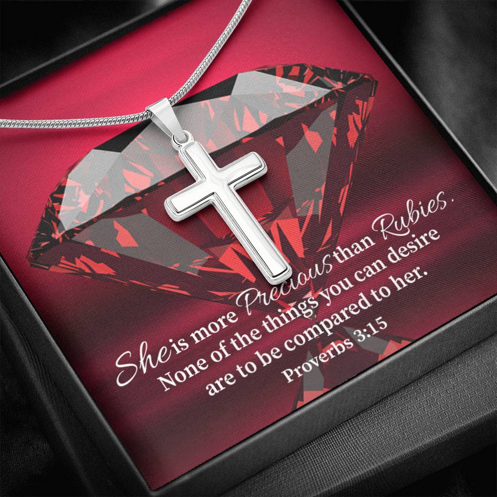 Scripture Card Better Than Rubies Proverbs 3:15 Cross Card Necklace w Stainless Steel Pendant Religious Gift-Express Your Love Gifts