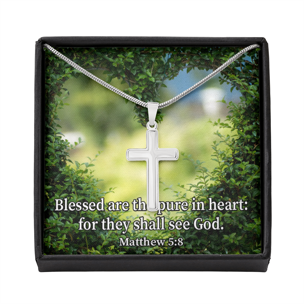 Scripture Card Blessed Pure In Heart Matthew 5:8 Cross Card Necklace w Stainless Steel Pendant Religious Gift-Express Your Love Gifts