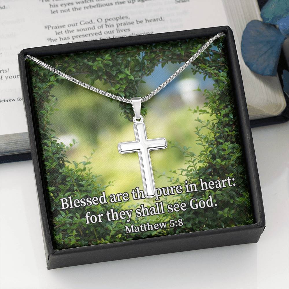 Scripture Card Blessed Pure In Heart Matthew 5:8 Cross Card Necklace w Stainless Steel Pendant Religious Gift-Express Your Love Gifts