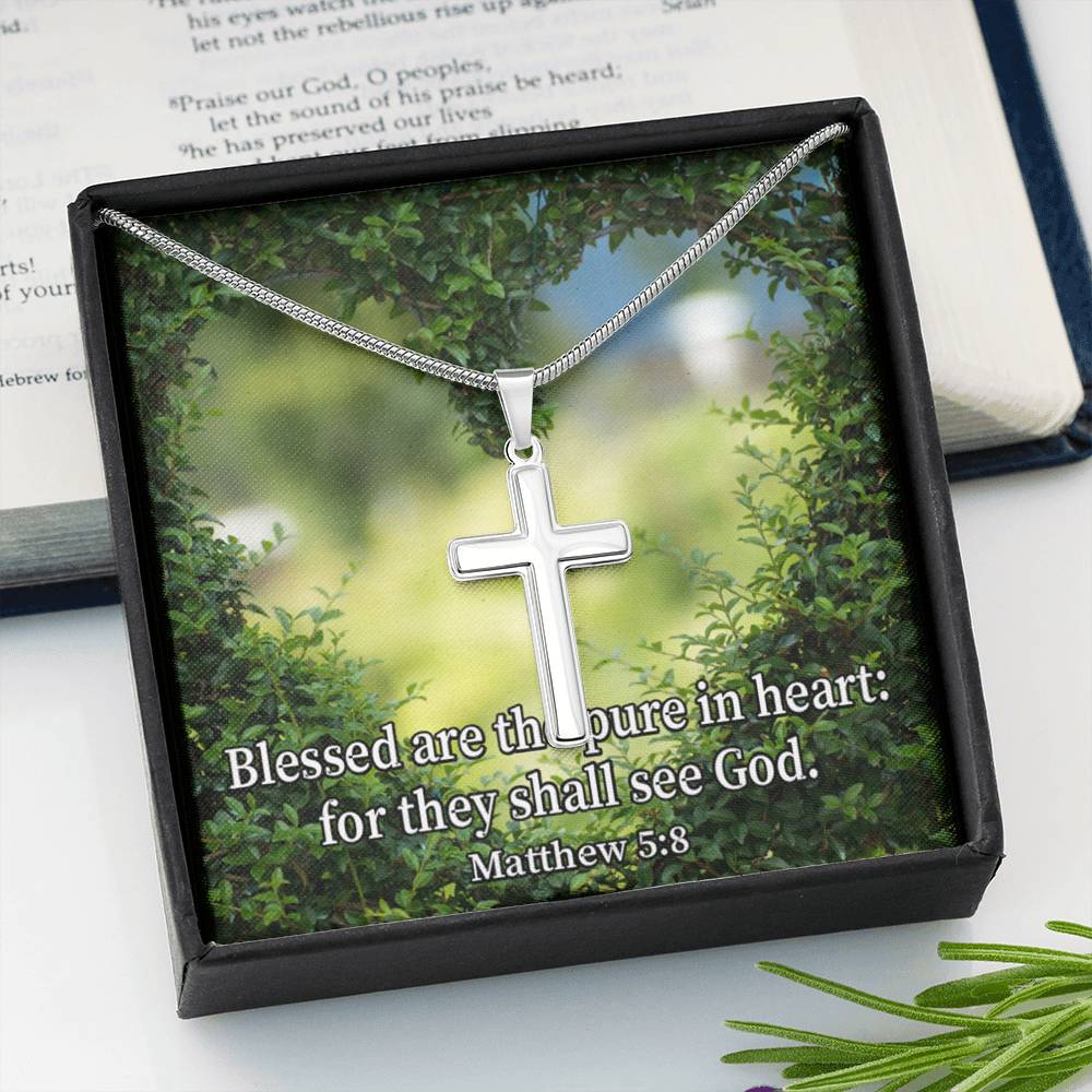 Scripture Card Blessed Pure In Heart Matthew 5:8 Cross Card Necklace w Stainless Steel Pendant Religious Gift-Express Your Love Gifts