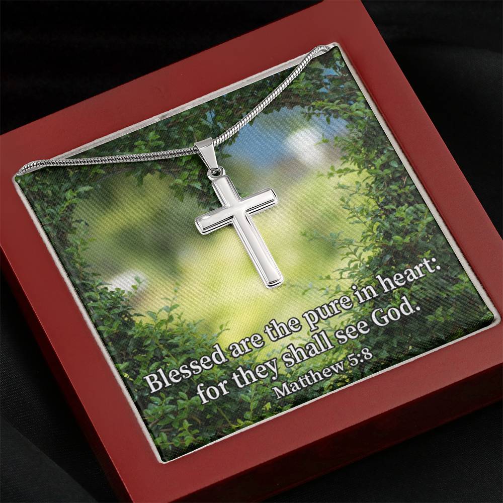 Scripture Card Blessed Pure In Heart Matthew 5:8 Cross Card Necklace w Stainless Steel Pendant Religious Gift-Express Your Love Gifts