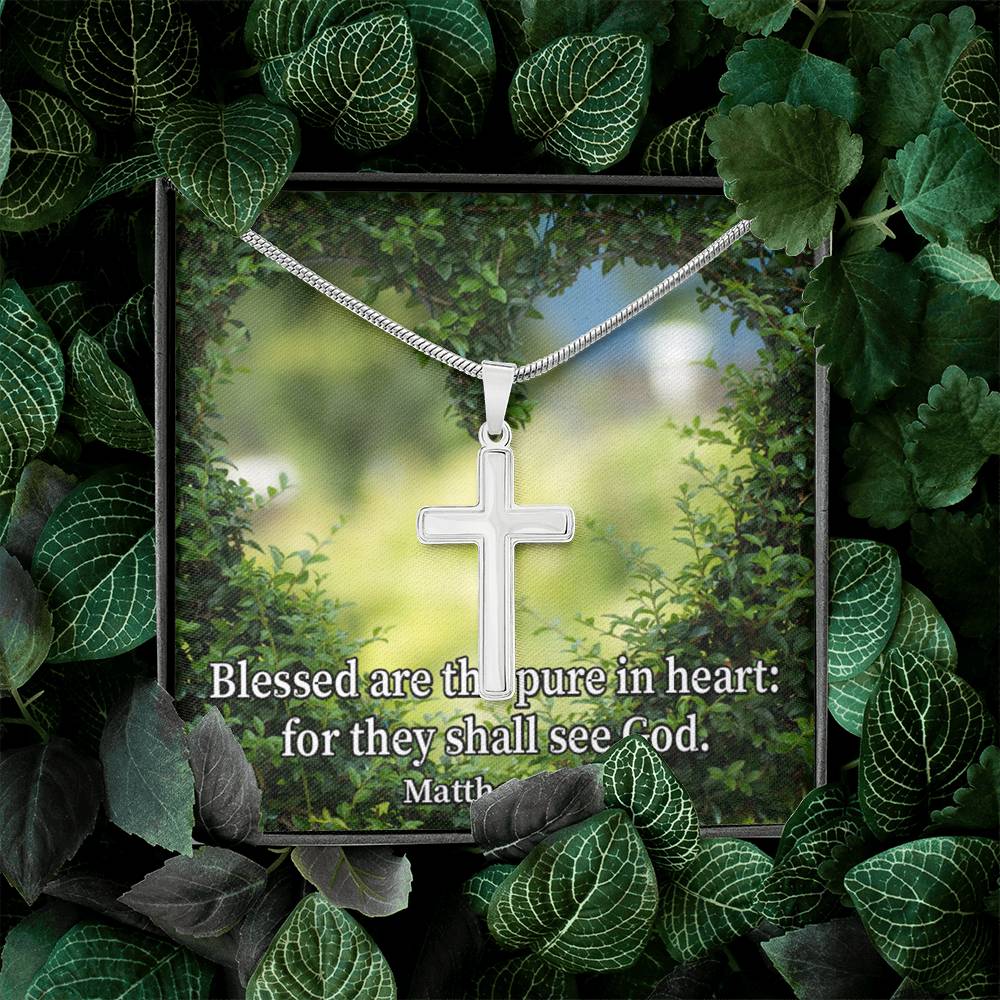 Scripture Card Blessed Pure In Heart Matthew 5:8 Cross Card Necklace w Stainless Steel Pendant Religious Gift-Express Your Love Gifts