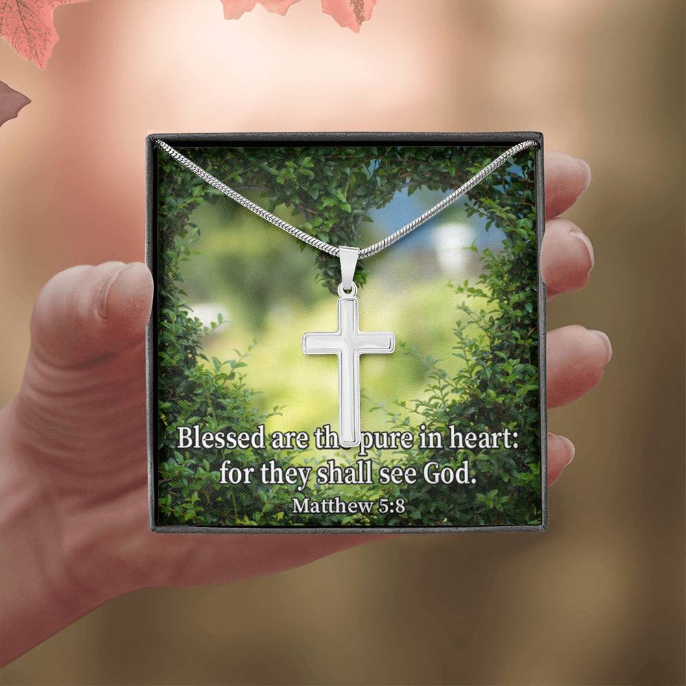 Scripture Card Blessed Pure In Heart Matthew 5:8 Cross Card Necklace w Stainless Steel Pendant Religious Gift-Express Your Love Gifts