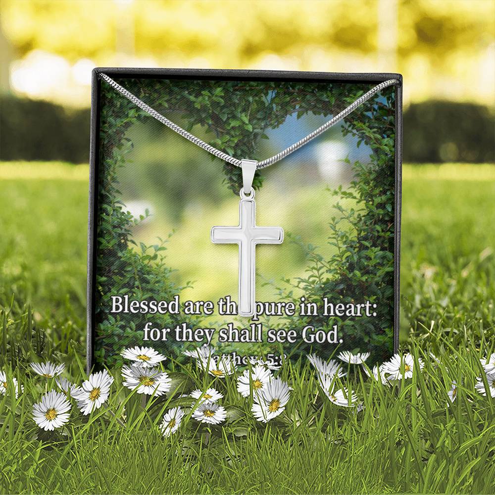 Scripture Card Blessed Pure In Heart Matthew 5:8 Cross Card Necklace w Stainless Steel Pendant Religious Gift-Express Your Love Gifts