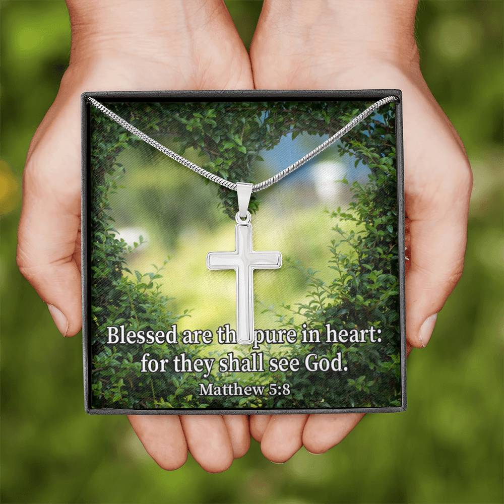 Scripture Card Blessed Pure In Heart Matthew 5:8 Cross Card Necklace w Stainless Steel Pendant Religious Gift-Express Your Love Gifts