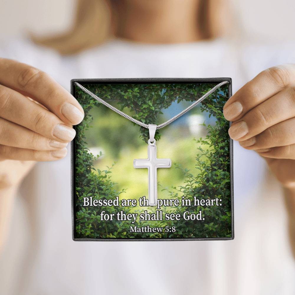 Scripture Card Blessed Pure In Heart Matthew 5:8 Cross Card Necklace w Stainless Steel Pendant Religious Gift-Express Your Love Gifts