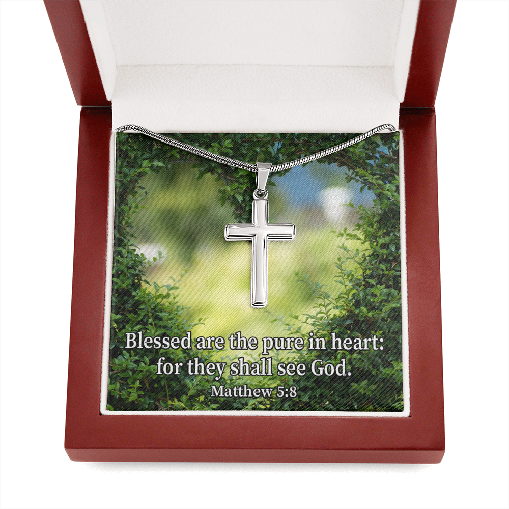 Scripture Card Blessed Pure In Heart Matthew 5:8 Cross Card Necklace w Stainless Steel Pendant Religious Gift-Express Your Love Gifts