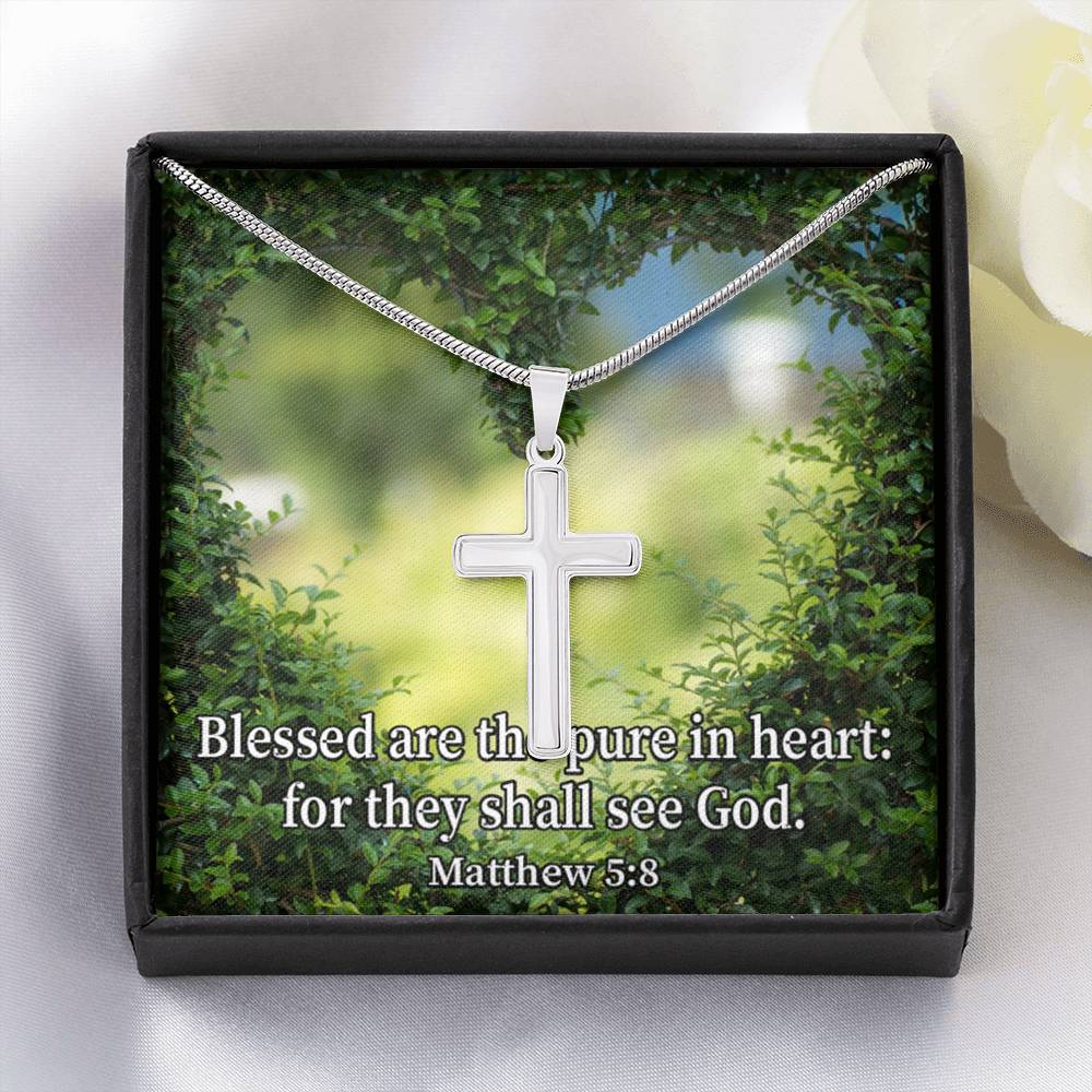 Scripture Card Blessed Pure In Heart Matthew 5:8 Cross Card Necklace w Stainless Steel Pendant Religious Gift-Express Your Love Gifts