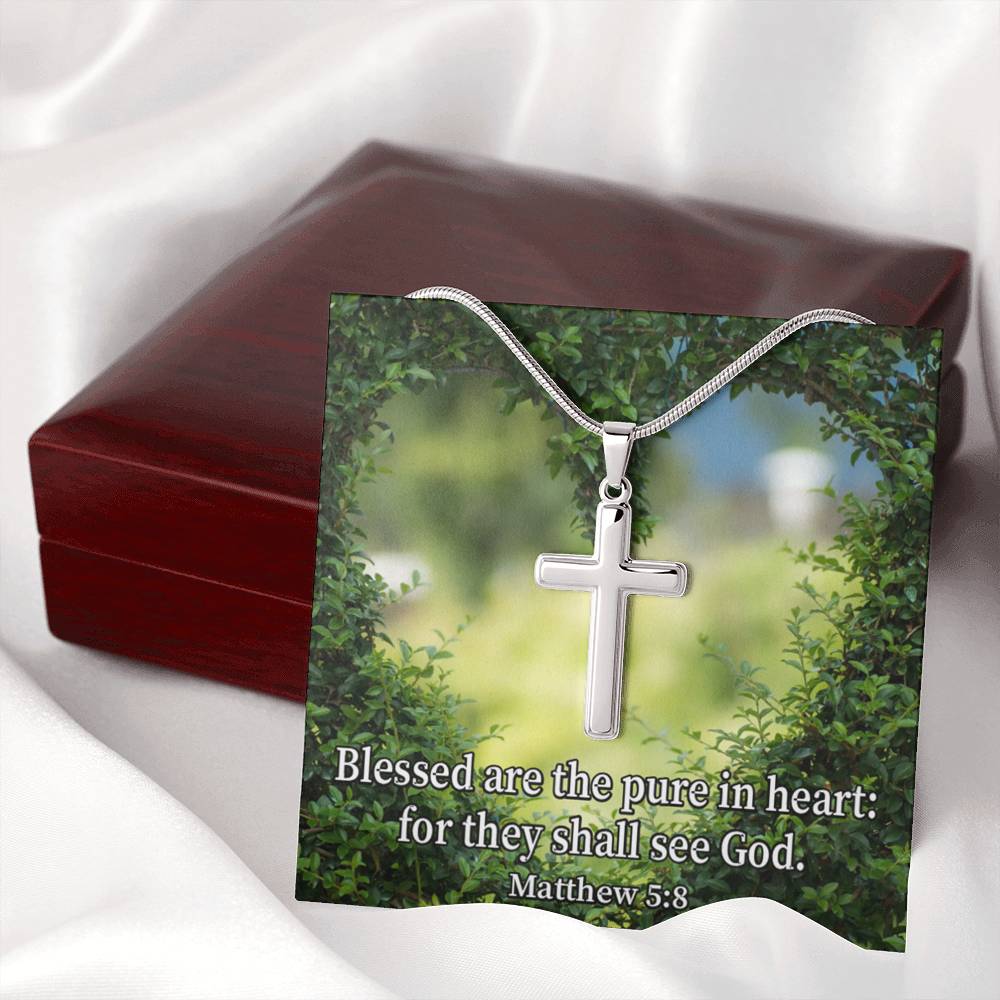 Scripture Card Blessed Pure In Heart Matthew 5:8 Cross Card Necklace w Stainless Steel Pendant Religious Gift-Express Your Love Gifts