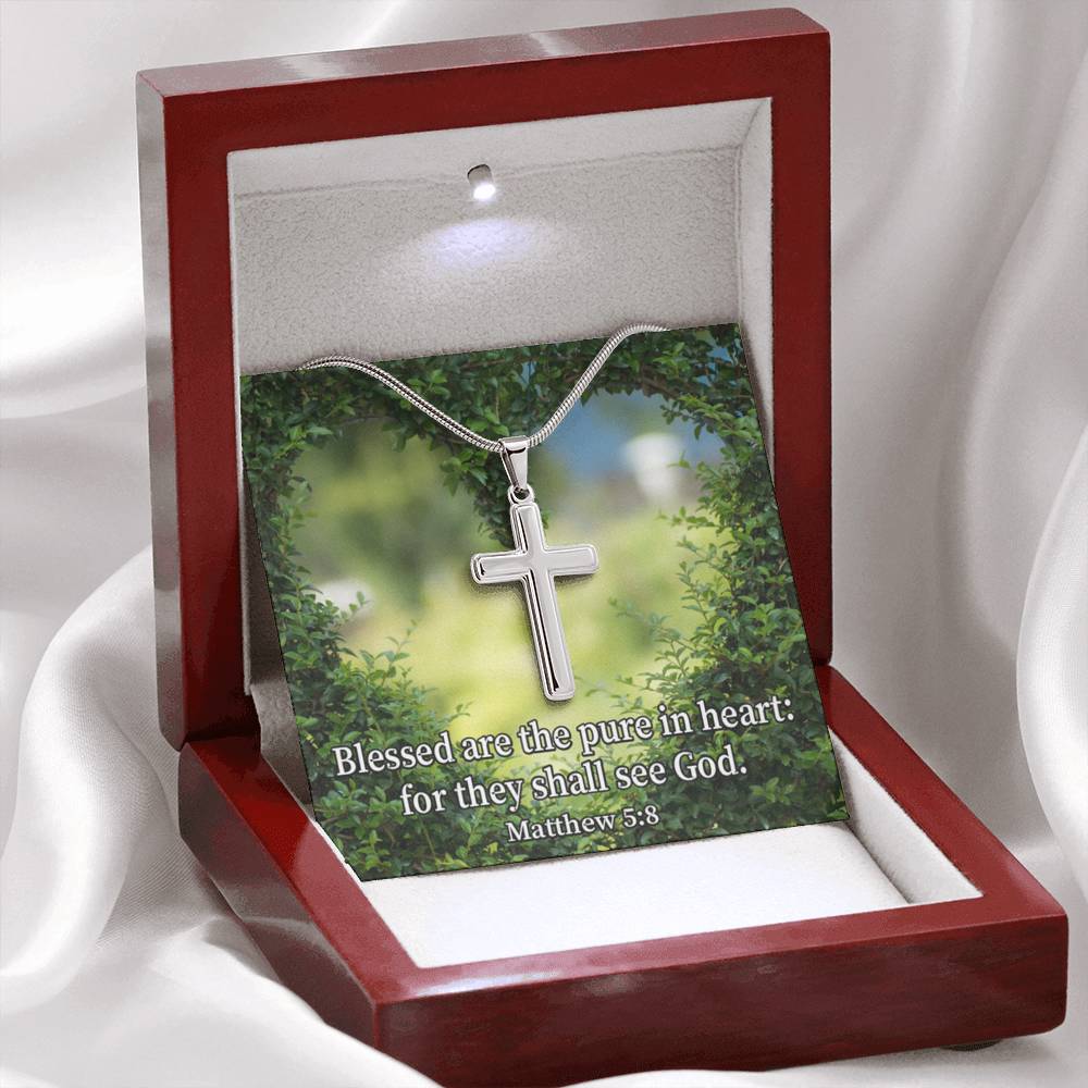 Scripture Card Blessed Pure In Heart Matthew 5:8 Cross Card Necklace w Stainless Steel Pendant Religious Gift-Express Your Love Gifts