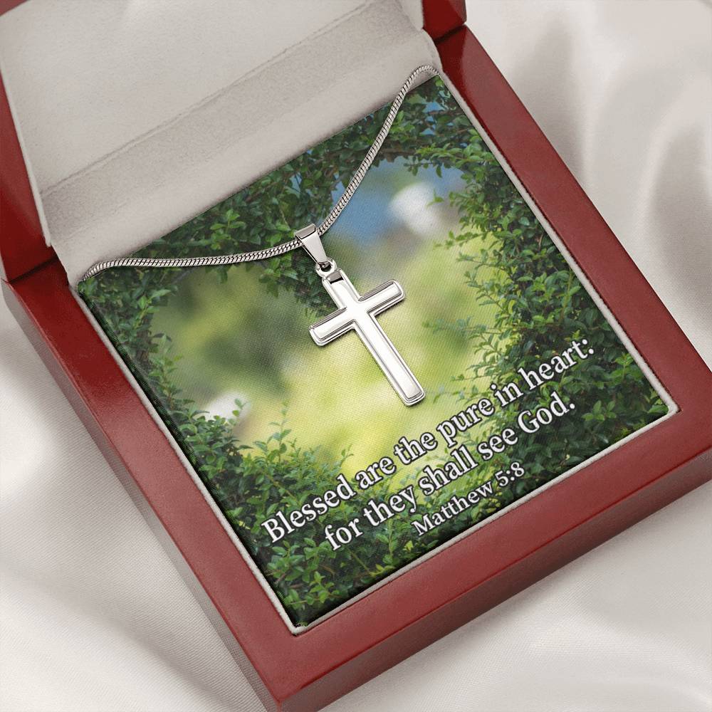 Scripture Card Blessed Pure In Heart Matthew 5:8 Cross Card Necklace w Stainless Steel Pendant Religious Gift-Express Your Love Gifts