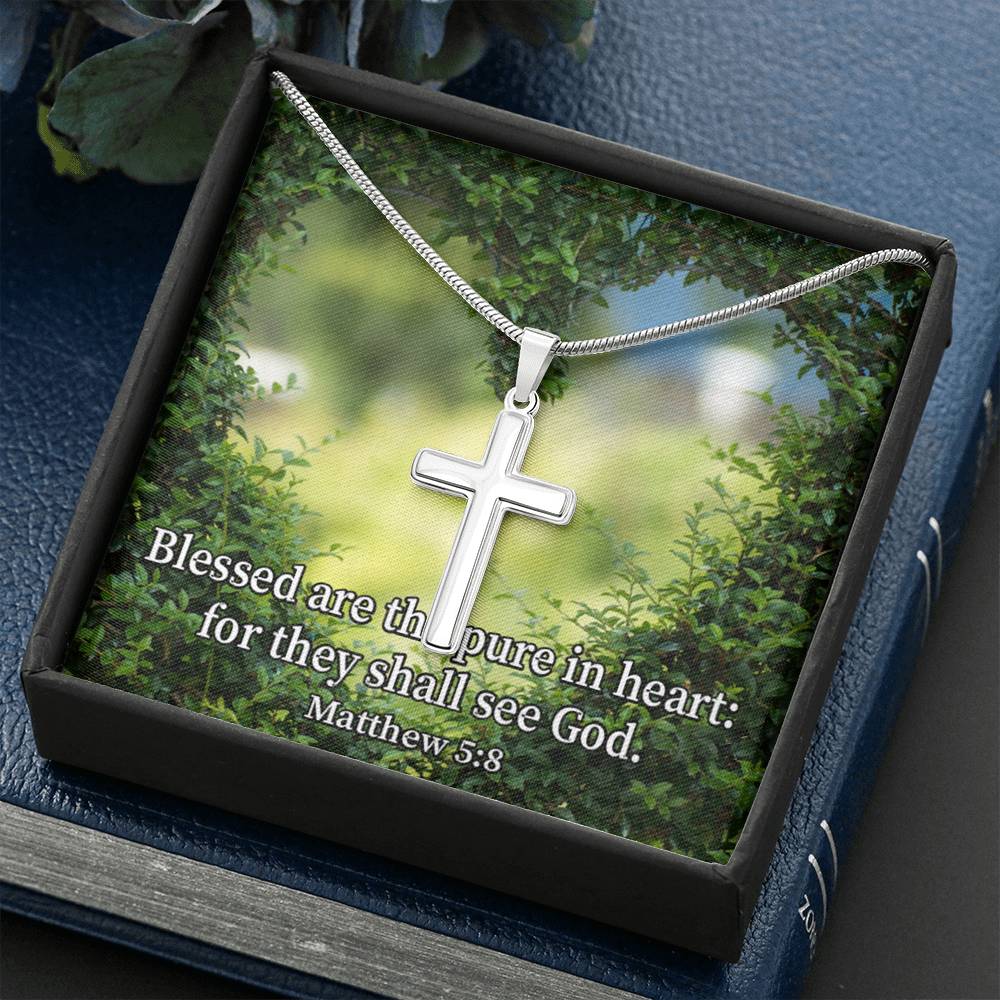 Scripture Card Blessed Pure In Heart Matthew 5:8 Cross Card Necklace w Stainless Steel Pendant Religious Gift-Express Your Love Gifts