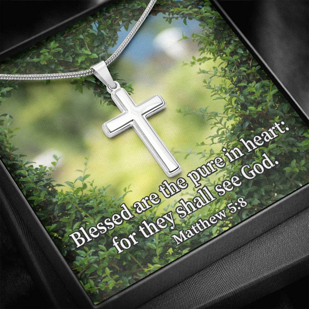 Scripture Card Blessed Pure In Heart Matthew 5:8 Cross Card Necklace w Stainless Steel Pendant Religious Gift-Express Your Love Gifts