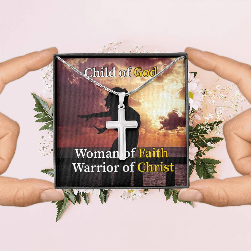 Scripture Card Child Of God Woman Of Faith Warrior Of Christ Faith Cross Card Necklace w Stainless Steel Pendant-Express Your Love Gifts