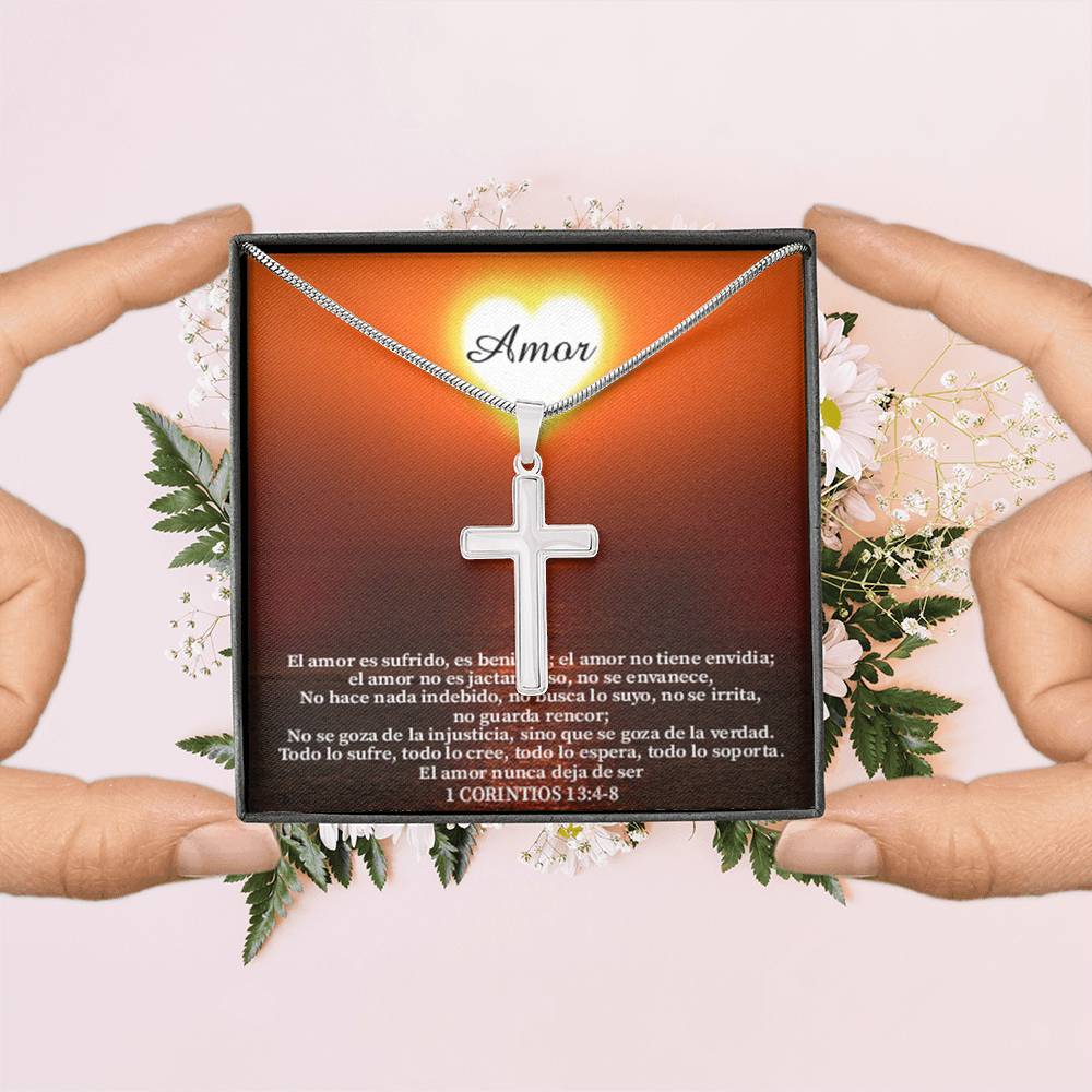 Scripture Card Christian Encouragement Spanish Message 1 Corintos 13:4-8 Cross Card Necklace w Stainless Steel Pendant Religious Gift-Express Your Love Gifts