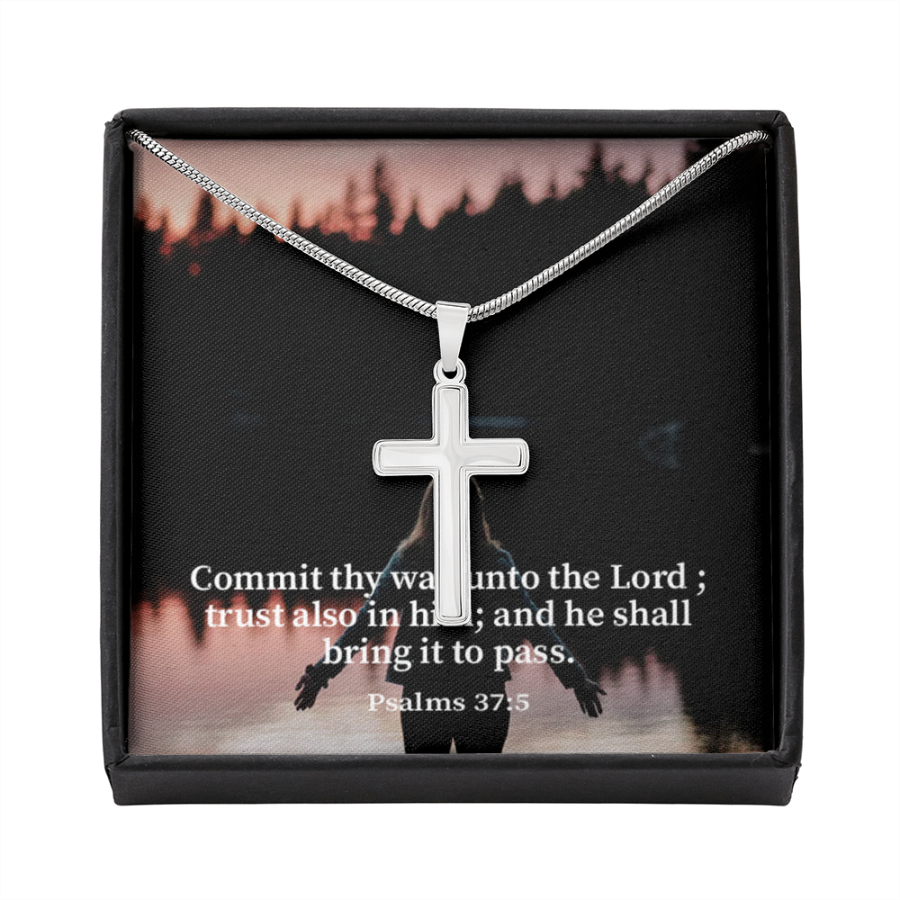 Scripture Card Commit Psalm 37:5 Cross Card Necklace w Stainless Steel Pendant Religious Gift-Express Your Love Gifts