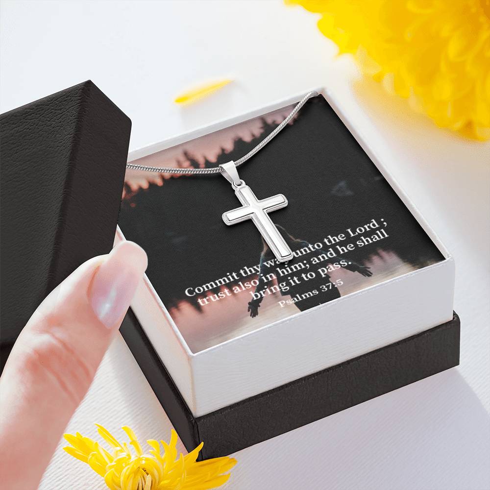 Scripture Card Commit Psalm 37:5 Cross Card Necklace w Stainless Steel Pendant Religious Gift-Express Your Love Gifts