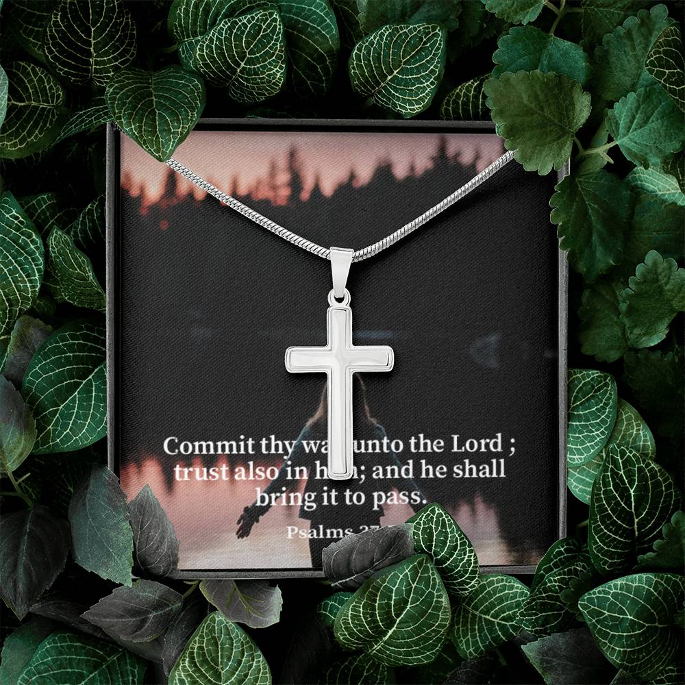 Scripture Card Commit Psalm 37:5 Cross Card Necklace w Stainless Steel Pendant Religious Gift-Express Your Love Gifts