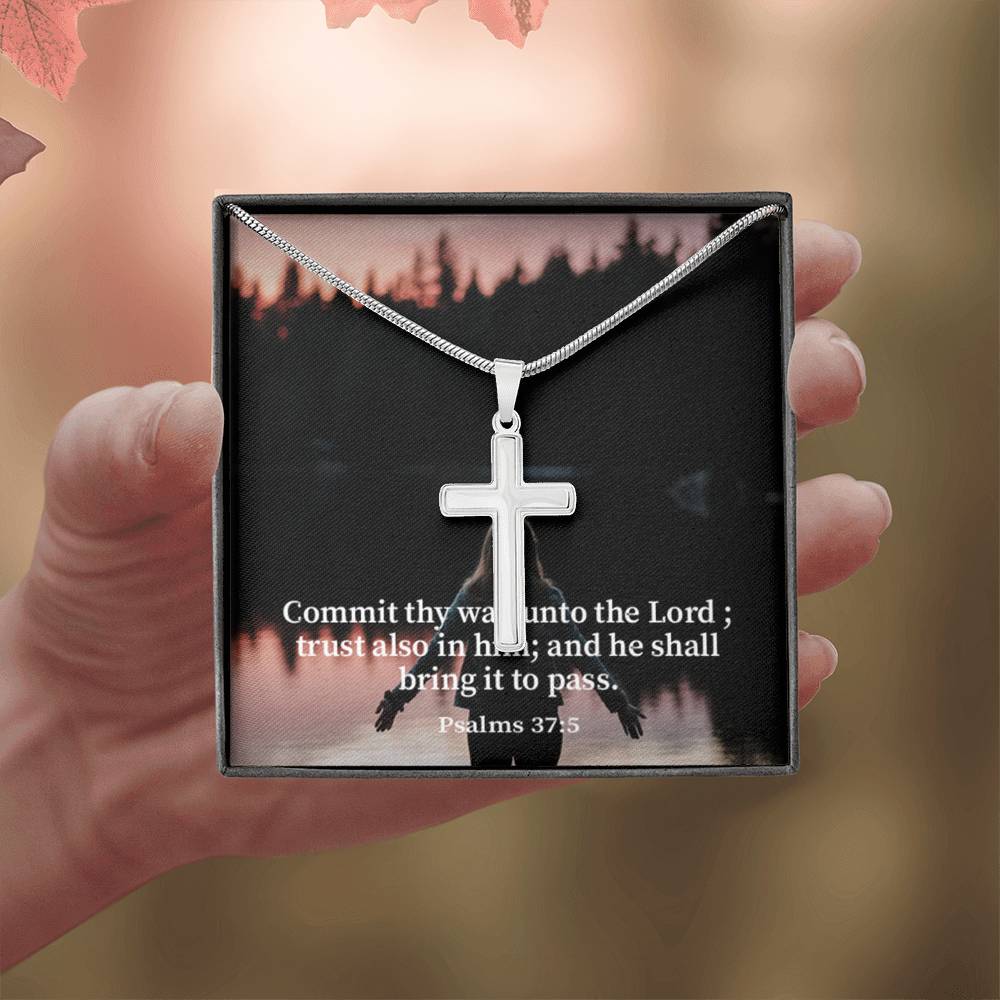 Scripture Card Commit Psalm 37:5 Cross Card Necklace w Stainless Steel Pendant Religious Gift-Express Your Love Gifts