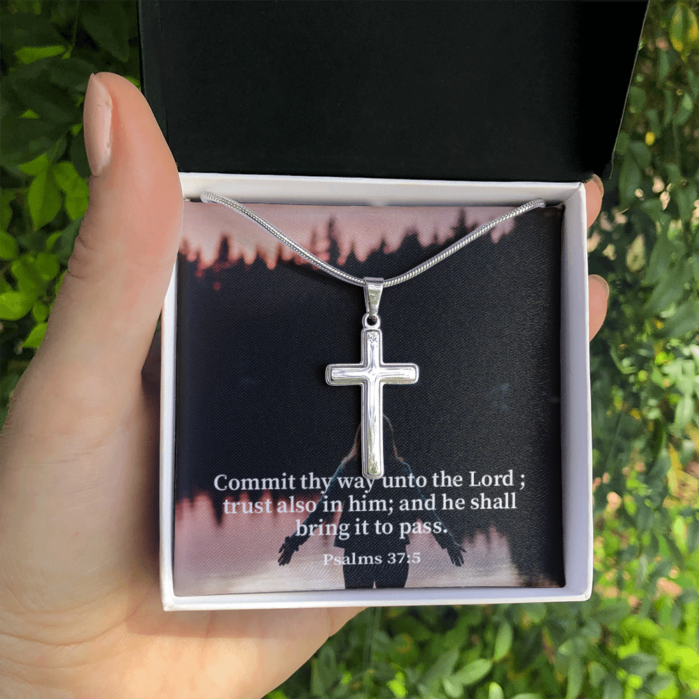 Scripture Card Commit Psalm 37:5 Cross Card Necklace w Stainless Steel Pendant Religious Gift-Express Your Love Gifts