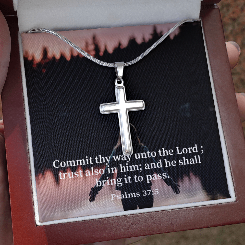 Scripture Card Commit Psalm 37:5 Cross Card Necklace w Stainless Steel Pendant Religious Gift-Express Your Love Gifts