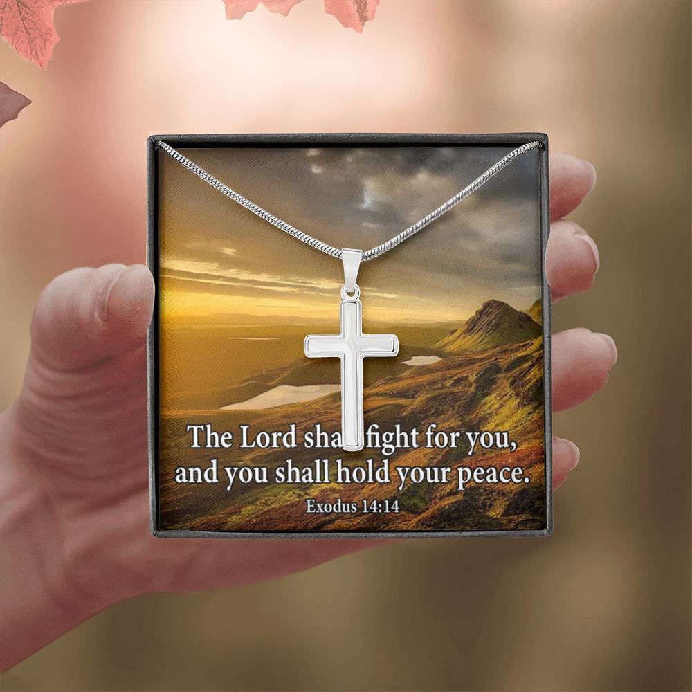 Scripture Card Exodus 14:14 Cross Card Necklace w Stainless Steel Pendant Religious Gift-Express Your Love Gifts