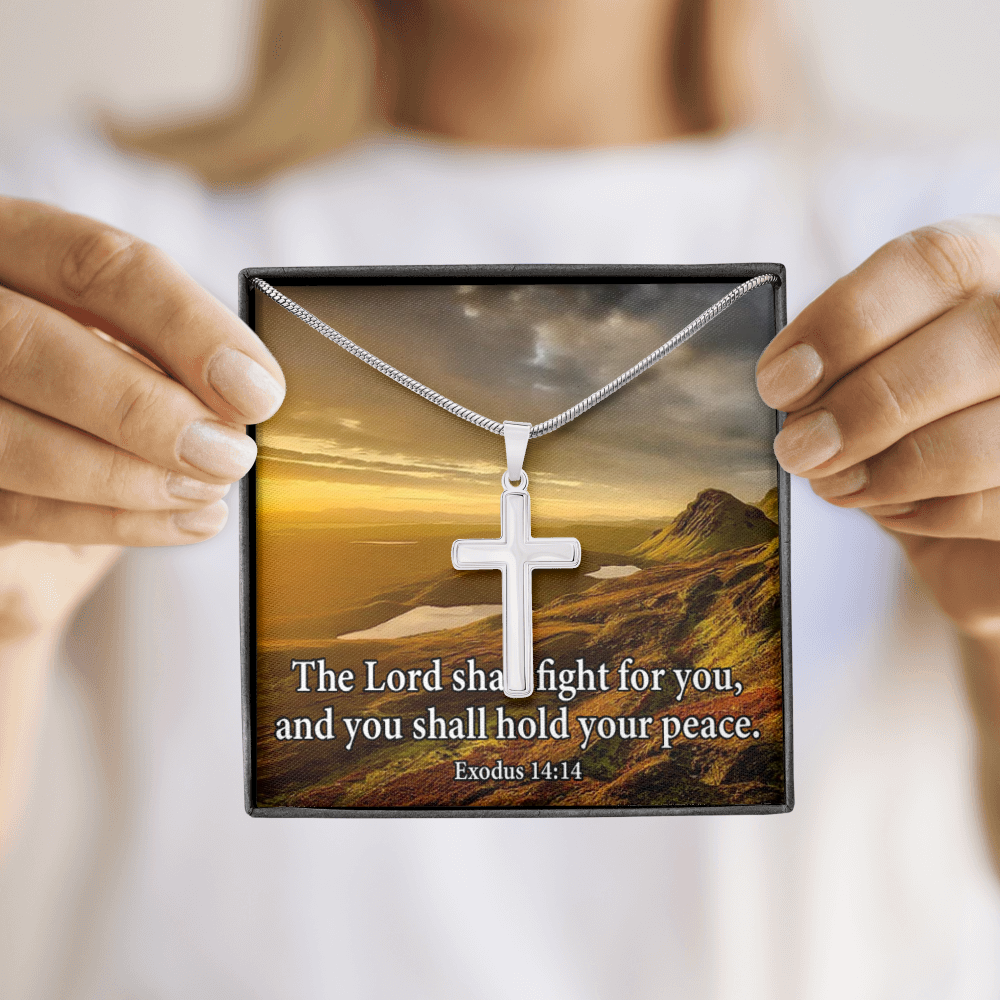 Scripture Card Exodus 14:14 Cross Card Necklace w Stainless Steel Pendant Religious Gift-Express Your Love Gifts