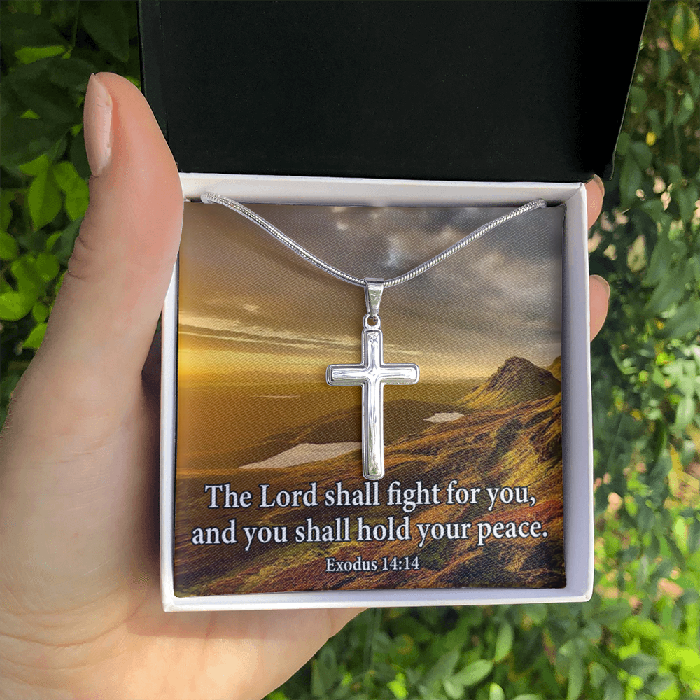 Scripture Card Exodus 14:14 Cross Card Necklace w Stainless Steel Pendant Religious Gift-Express Your Love Gifts