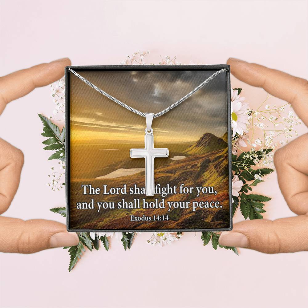 Scripture Card Exodus 14:14 Cross Card Necklace w Stainless Steel Pendant Religious Gift-Express Your Love Gifts