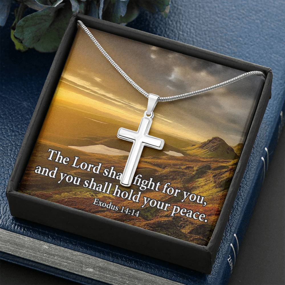 Scripture Card Exodus 14:14 Cross Card Necklace w Stainless Steel Pendant Religious Gift-Express Your Love Gifts