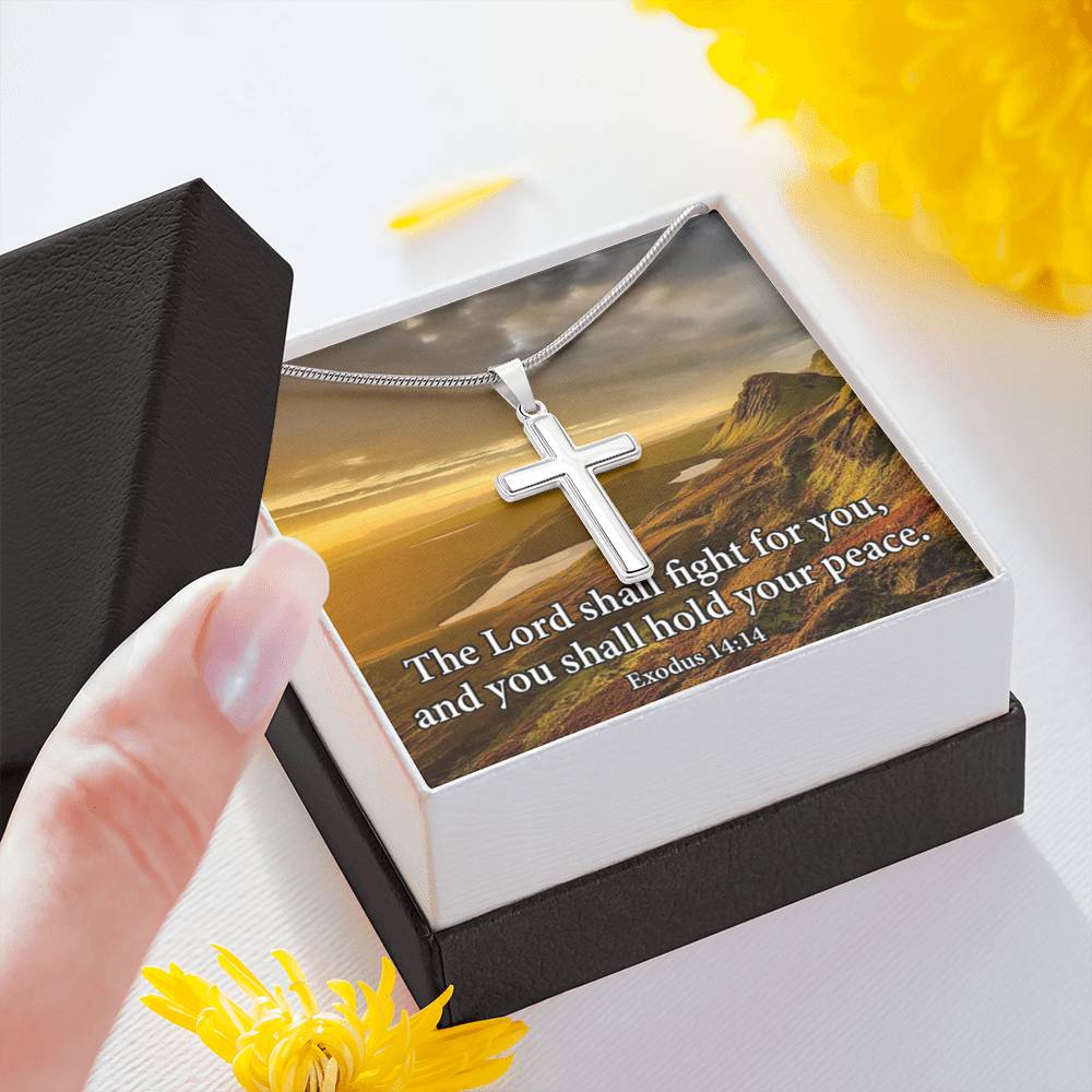 Scripture Card Exodus 14:14 Cross Card Necklace w Stainless Steel Pendant Religious Gift-Express Your Love Gifts