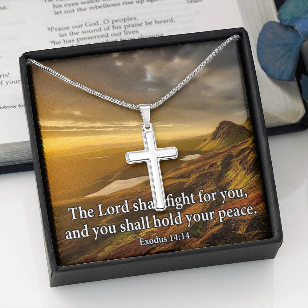 Scripture Card Exodus 14:14 Cross Card Necklace w Stainless Steel Pendant Religious Gift-Express Your Love Gifts