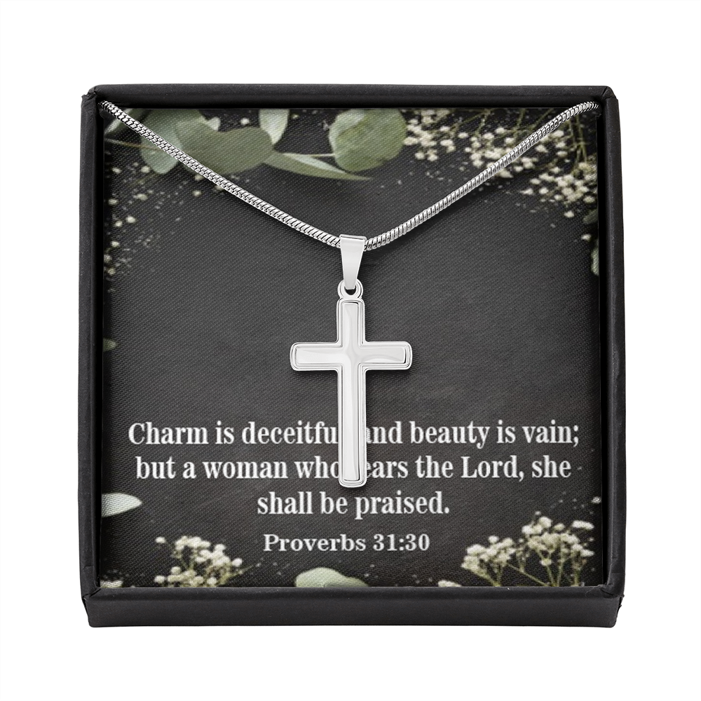 Scripture Card Fear The Lord Proverbs 31:30 Cross Card Necklace w Stainless Steel Pendant Religious Gift-Express Your Love Gifts