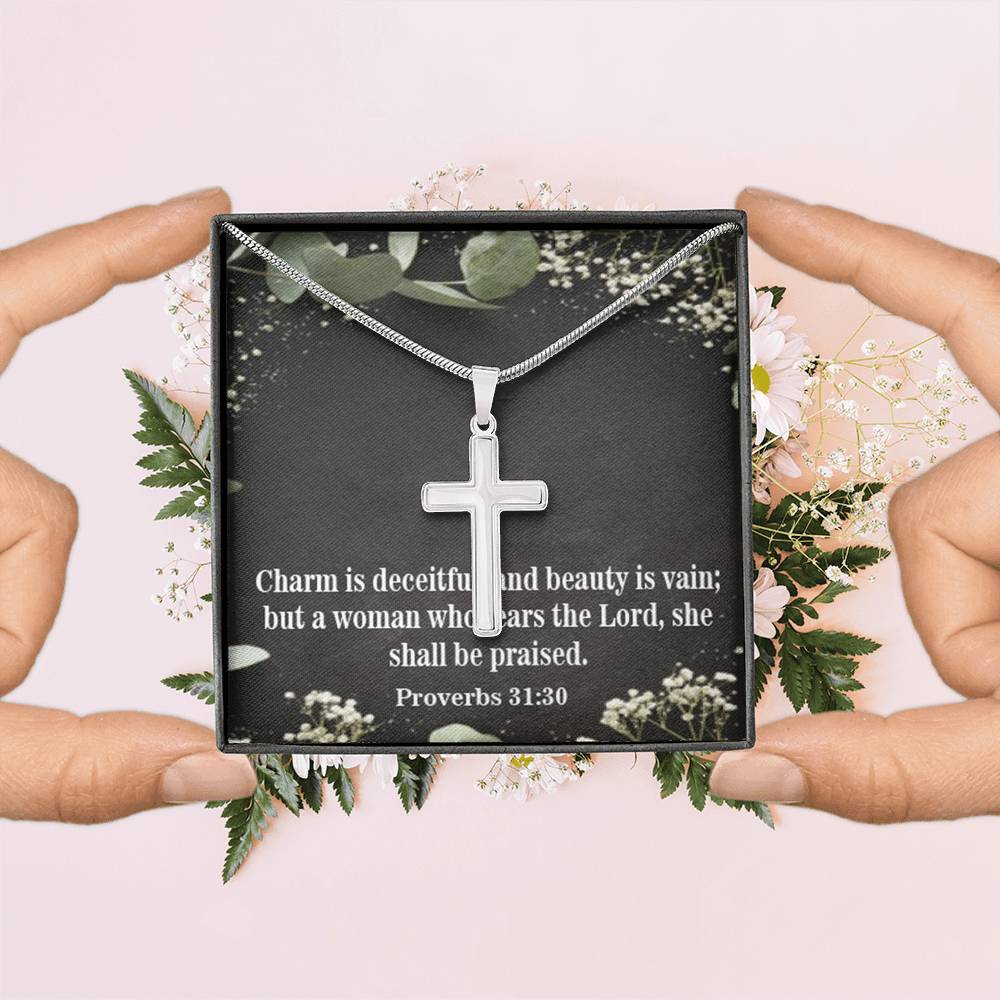 Scripture Card Fear The Lord Proverbs 31:30 Cross Card Necklace w Stainless Steel Pendant Religious Gift-Express Your Love Gifts
