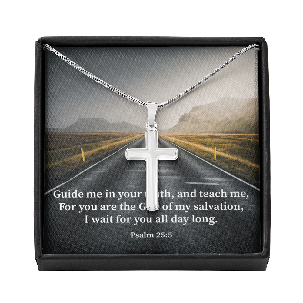 Scripture Card Guide Me Psalm 25:5 Cross Card Necklace w Stainless Steel Pendant Religious Gift-Express Your Love Gifts