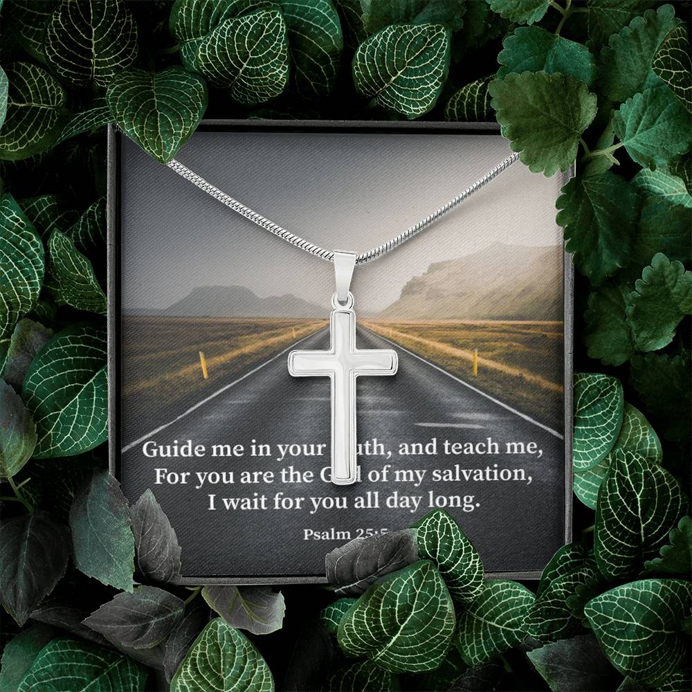 Scripture Card Guide Me Psalm 25:5 Cross Card Necklace w Stainless Steel Pendant Religious Gift-Express Your Love Gifts
