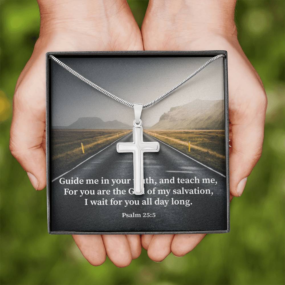 Scripture Card Guide Me Psalm 25:5 Cross Card Necklace w Stainless Steel Pendant Religious Gift-Express Your Love Gifts