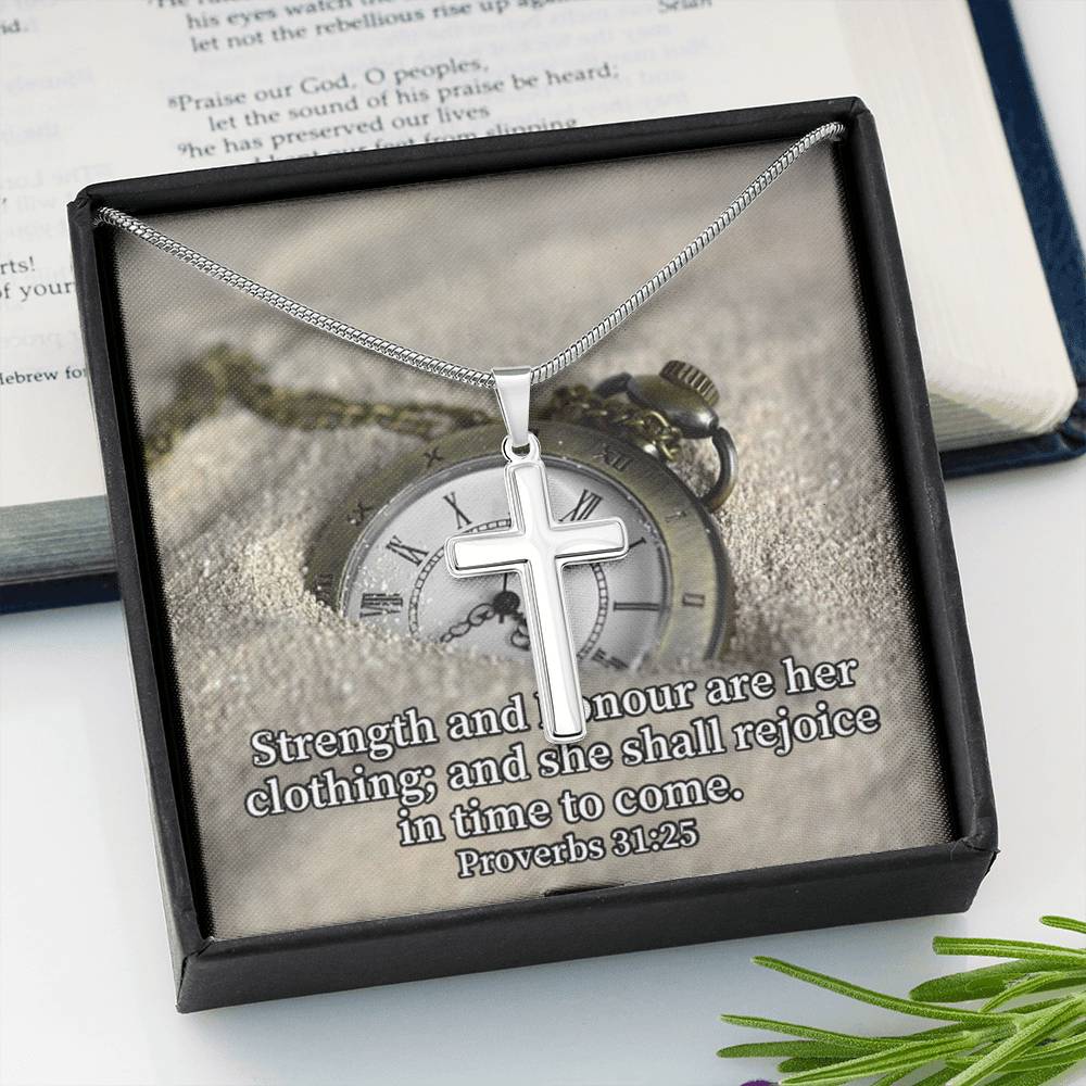 Scripture Card Her Strength Proverbs 31:25 Cross Card Necklace w Stainless Steel Pendant Religious Gift-Express Your Love Gifts