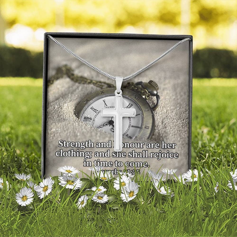 Scripture Card Her Strength Proverbs 31:25 Cross Card Necklace w Stainless Steel Pendant Religious Gift-Express Your Love Gifts