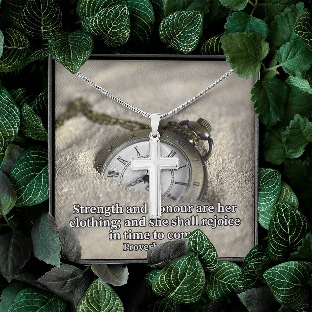 Scripture Card Her Strength Proverbs 31:25 Cross Card Necklace w Stainless Steel Pendant Religious Gift-Express Your Love Gifts