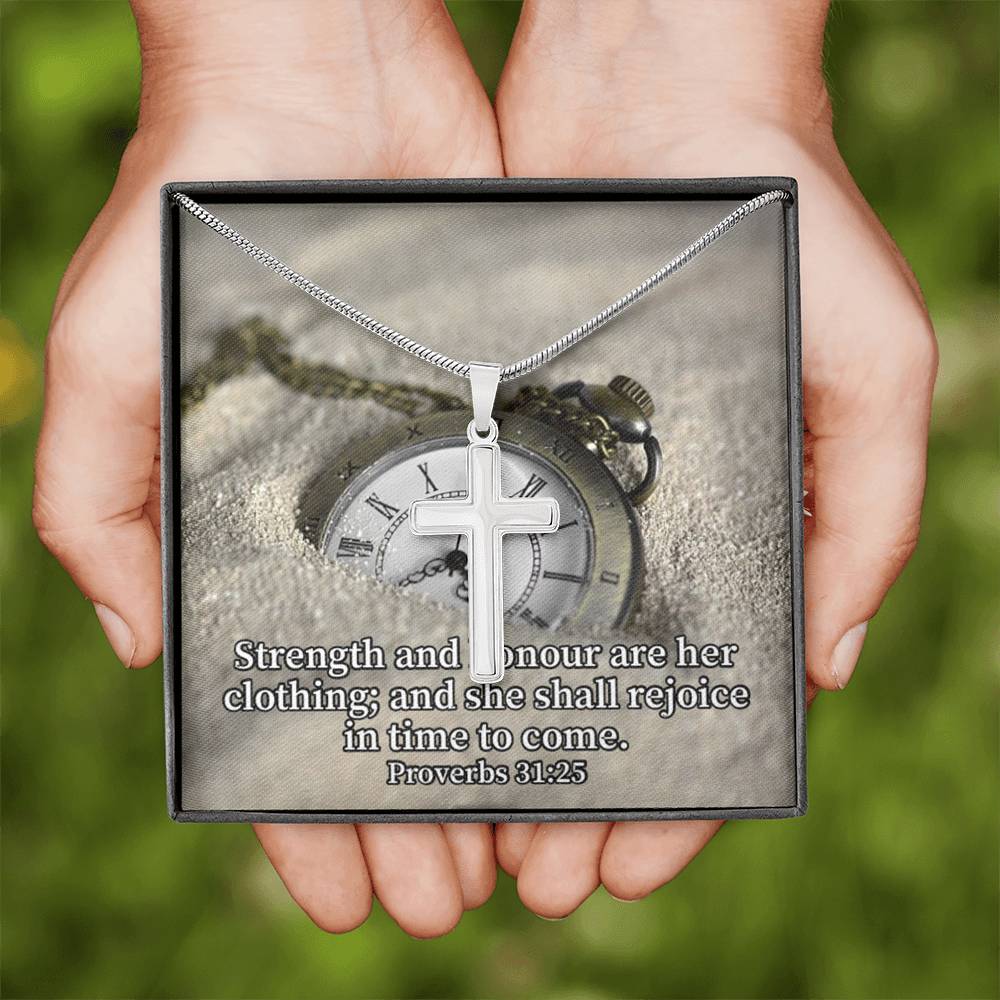 Scripture Card Her Strength Proverbs 31:25 Cross Card Necklace w Stainless Steel Pendant Religious Gift-Express Your Love Gifts