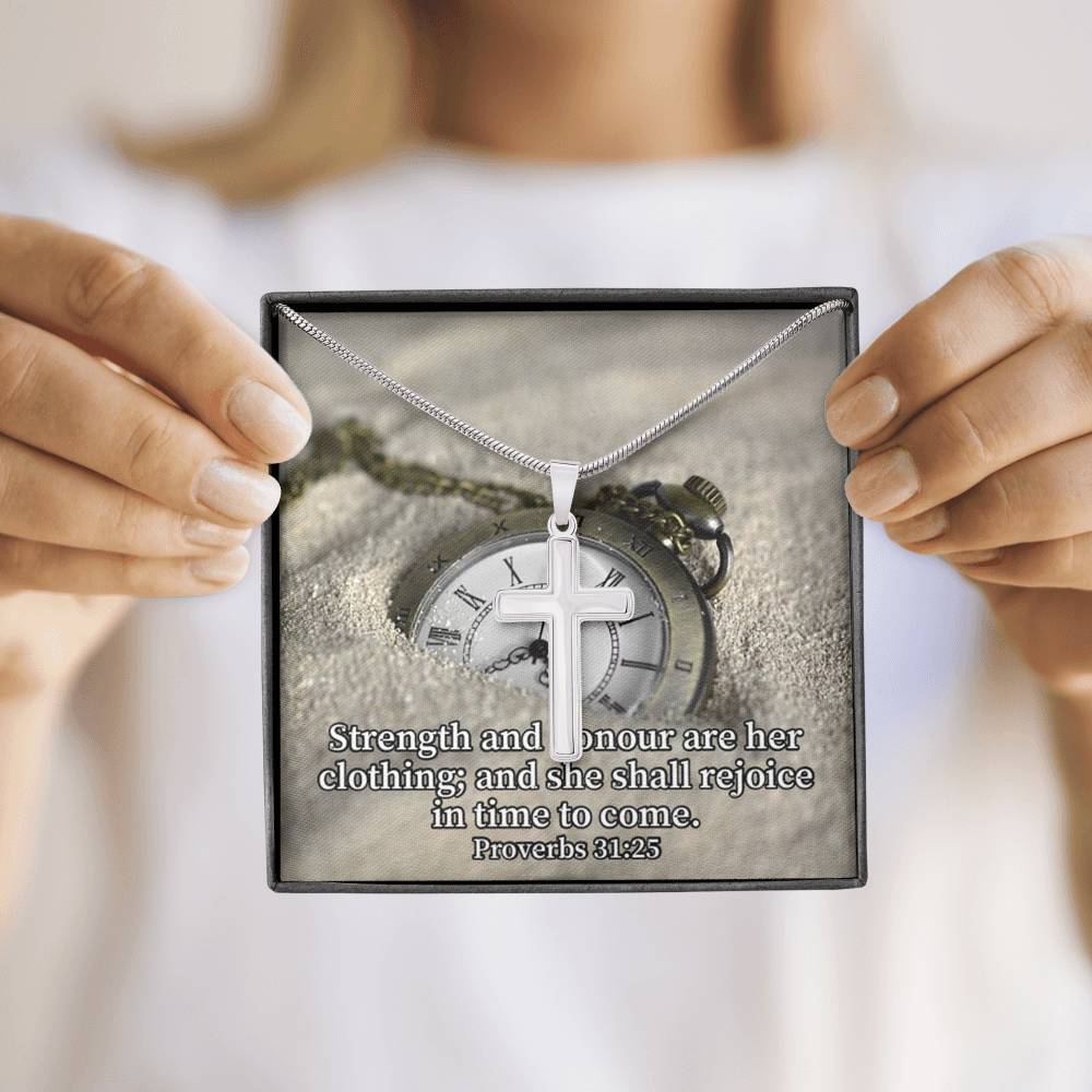 Scripture Card Her Strength Proverbs 31:25 Cross Card Necklace w Stainless Steel Pendant Religious Gift-Express Your Love Gifts