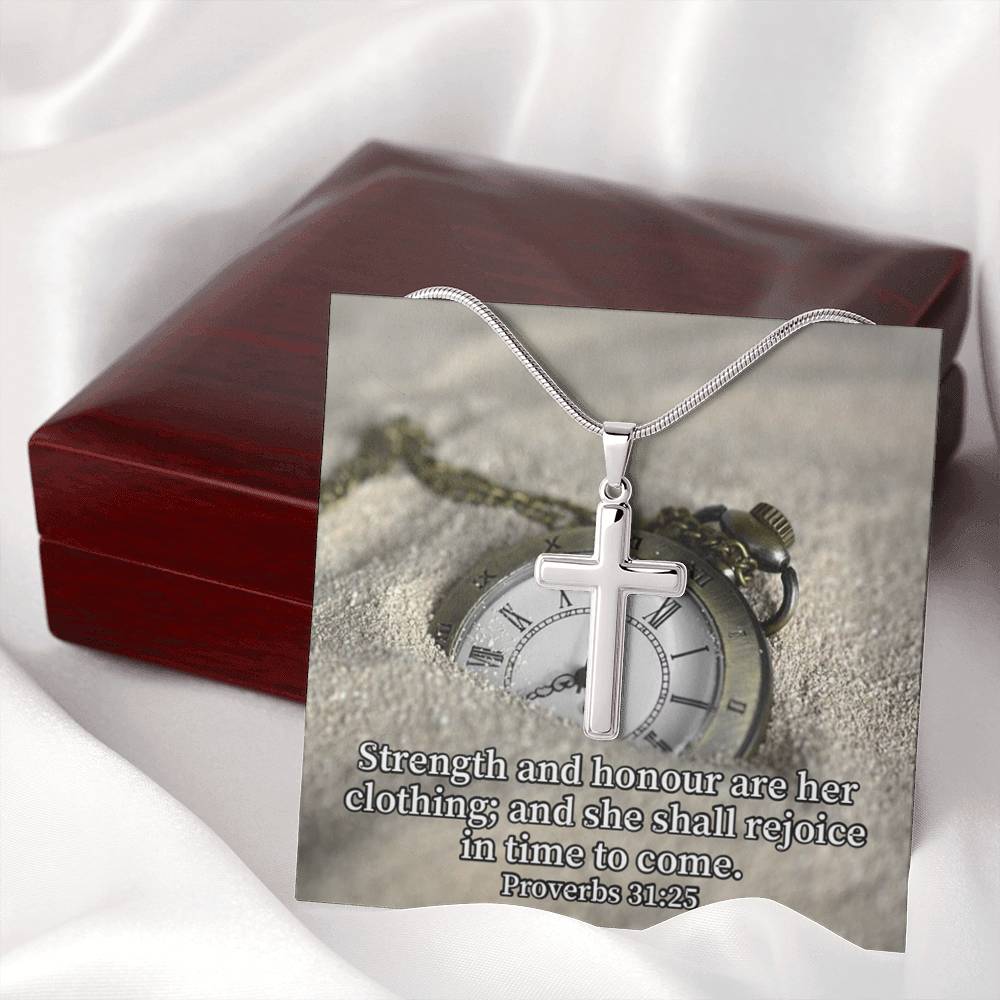 Scripture Card Her Strength Proverbs 31:25 Cross Card Necklace w Stainless Steel Pendant Religious Gift-Express Your Love Gifts