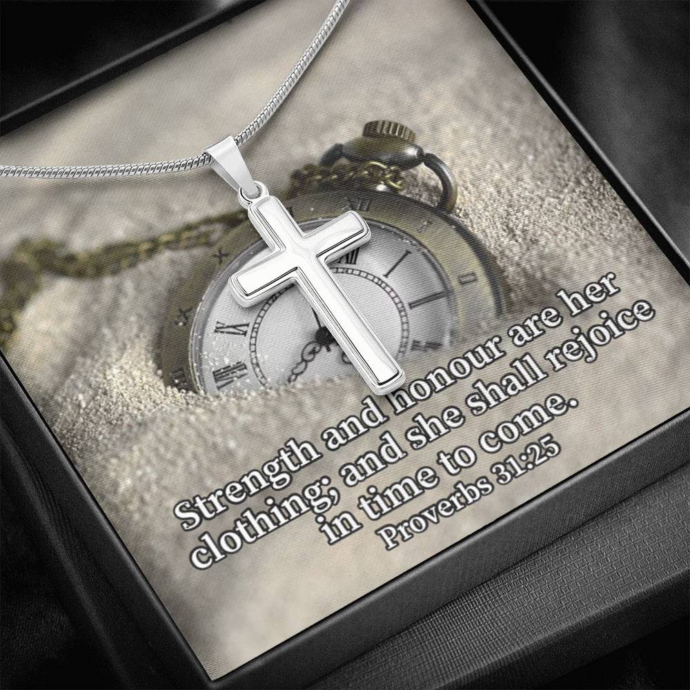 Scripture Card Her Strength Proverbs 31:25 Cross Card Necklace w Stainless Steel Pendant Religious Gift-Express Your Love Gifts