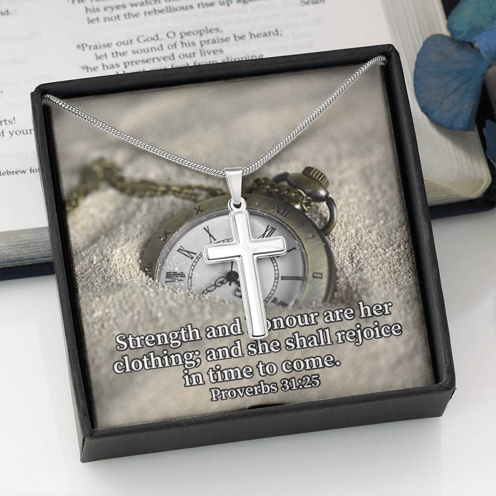 Scripture Card Her Strength Proverbs 31:25 Cross Card Necklace w Stainless Steel Pendant Religious Gift-Express Your Love Gifts