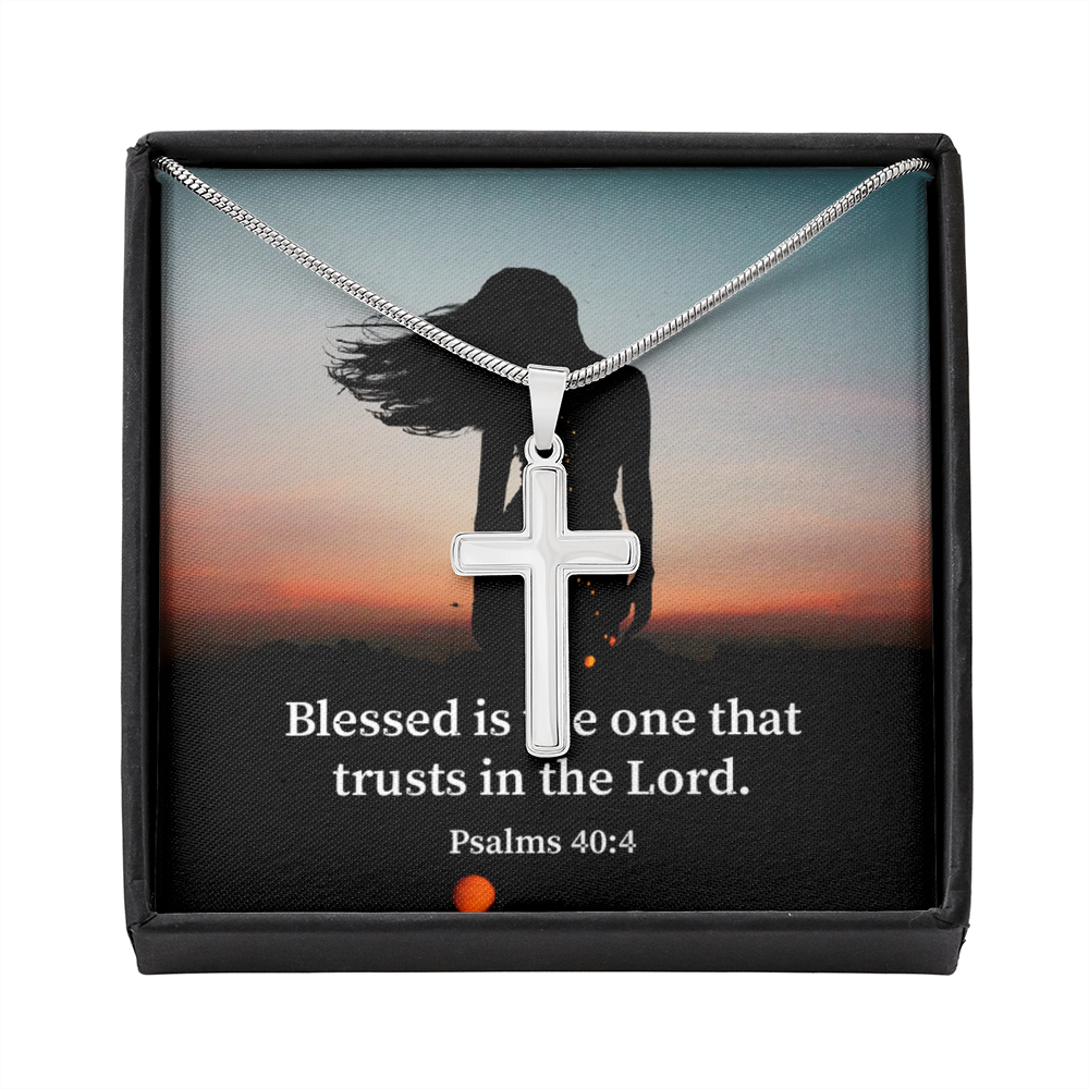 Scripture Card His Trust Psalm 40:4 Cross Card Necklace w Stainless Steel Pendant Religious Gift-Express Your Love Gifts