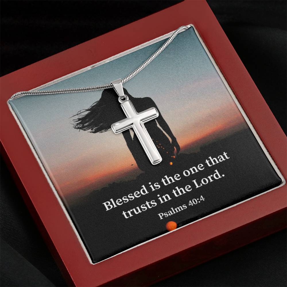 Scripture Card His Trust Psalm 40:4 Cross Card Necklace w Stainless Steel Pendant Religious Gift-Express Your Love Gifts